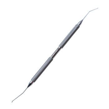 Seibel Style Nucleus Chopper & Safety Quick Chopper, Double Ended, Stainless Steel, Left Hand Dominant, Use In Right Hand, Seibel End - Curved Interior Cutting Edge, 0.5mm Olive Shaped Tip, 15mm From Bend To Tip, Safety Quick Chopper End - 0.5mm Olive Shaped Blade, 1mm Bend, Angled 10mm From Bend To Tip, Overall Length 5-1/2" (140mm) 08-14536 L